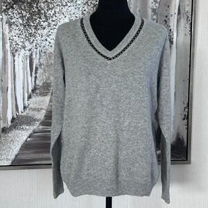 Autumn Cashmere Circle Chain V-Neck Womens Gray Cashmere Sweater - Small
